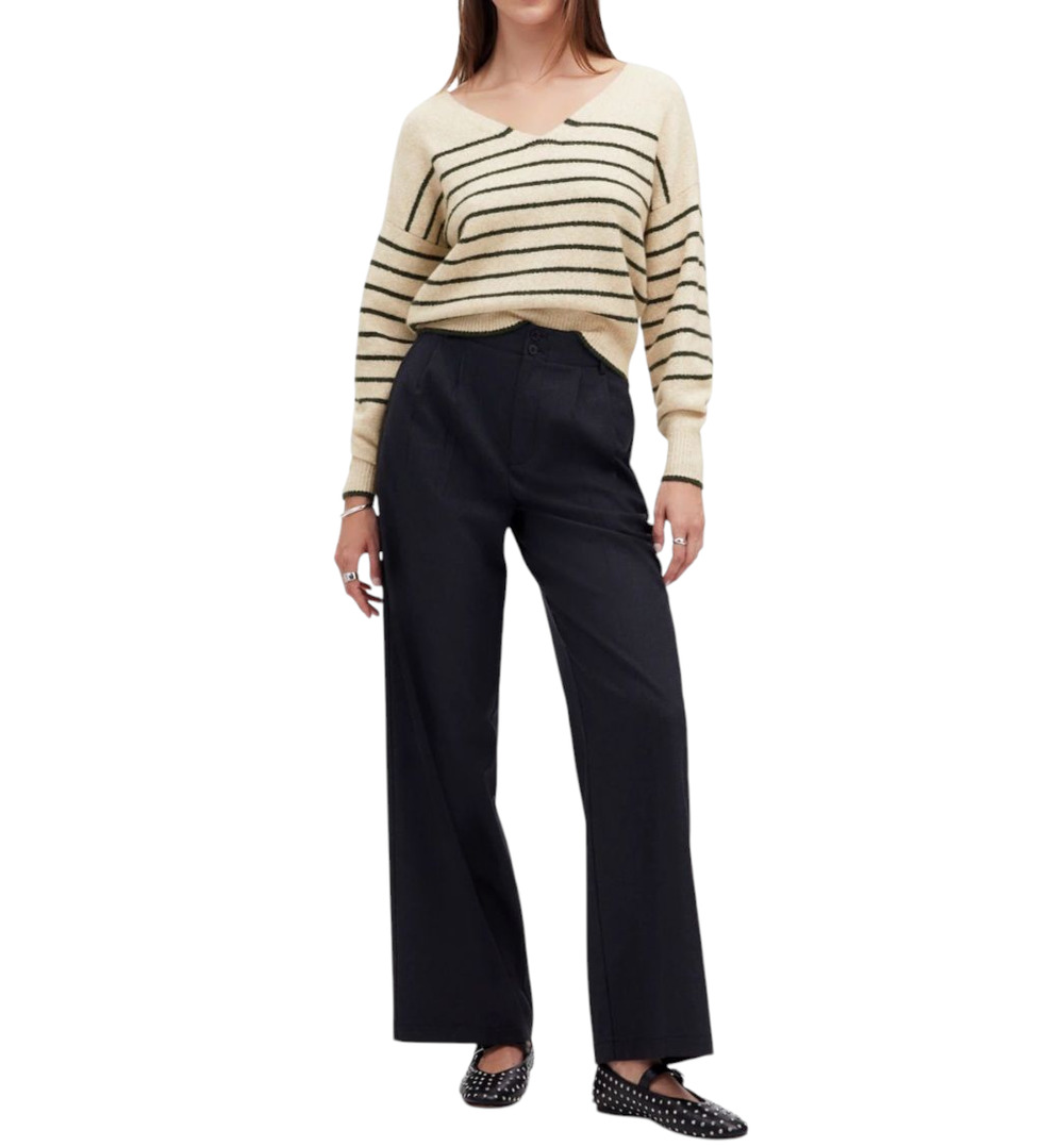 Madewell Wedged V Neck Sweater Luxury Forest Stripe Beige Green Cotton Medium